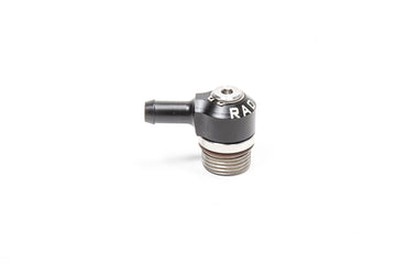 Stock photo of a black, metal Radium 10AN ORB Banjo Swivel to 12AN Male fitting.