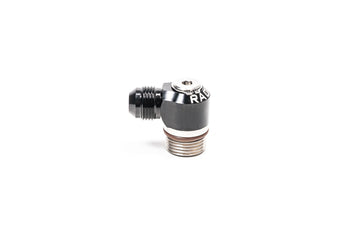 Stock photo of a black, metal Radium 10AN ORB Swivel Banjo to 8AN Male fitting.