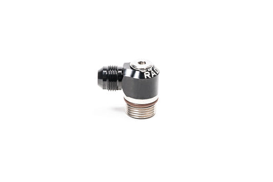 Stock photo of a black, metal Radium 10AN ORB Swivel Banjo to 8AN Male fitting.