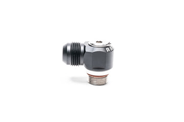 Stock photo of a black, metal Radium 10AN ORB Banjo Swivel to 12AN Male fitting.