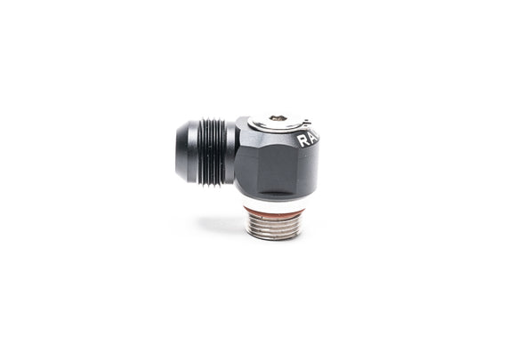 Stock photo of a black, metal Radium 10AN ORB Banjo Swivel to 12AN Male fitting.