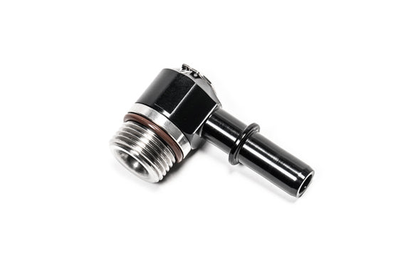 Stock photo of a black, metal Radium 10AN ORB Banjo Swivel to 12AN Male fitting.