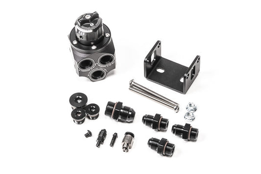 Stock photo of a black, metal Radium Multiport Regulator kit. 