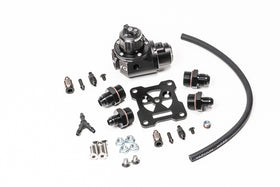 Stock photo of a black, metal Radium Fuel Pressure Regulator-Damper kit. 