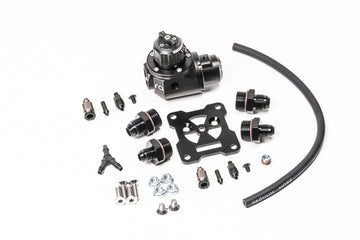 Stock photo of a black, metal Radium Fuel Pressure Regulator-Damper kit. 