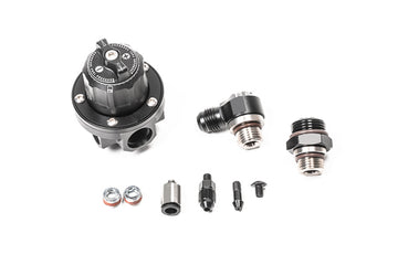 Stock photo of a black, metal Radium Direct Mount Regulator kit, 8AN ORB.