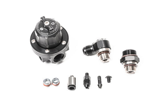 Stock photo of a black, metal Radium Direct Mount Regulator kit, 8AN ORB.