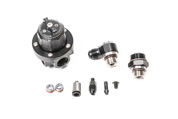 Stock photo of a black, metal Radium Direct Mount Regulator kit, 8AN ORB.
