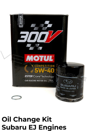 Oil change package for Subaru EJ engines using Motul 300V 5W40 engine oil. 