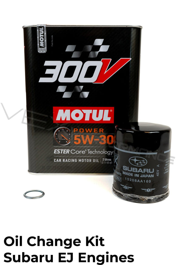 Oil change package for Subaru EJ engines using Motul 300V 5W30 engine oil. 