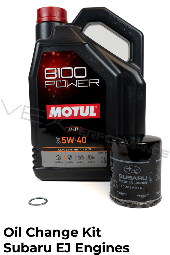 Oil change package for Subaru EJ engines using Motul 8100 Power 5W40 engine oil. 