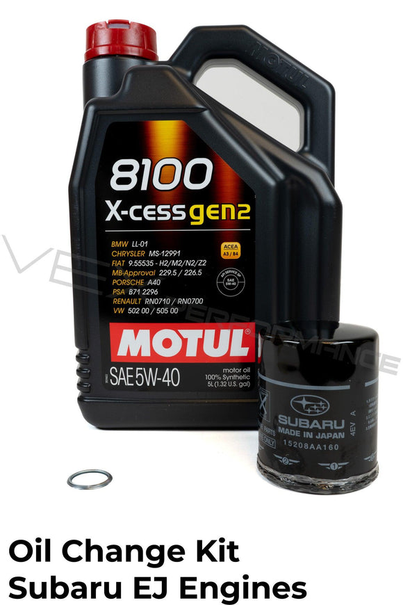 Oil change package for Subaru EJ engines using Motul 8100 X-cess Gen 2 5W40 engine oil. 