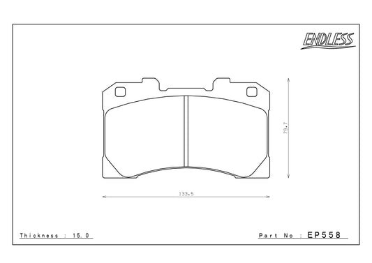 Technical diagram of Endless EP559 brake pads, denoting 133.5 millimeter length, 79.7 millimeter height and 15.0 millimeter thickness. 