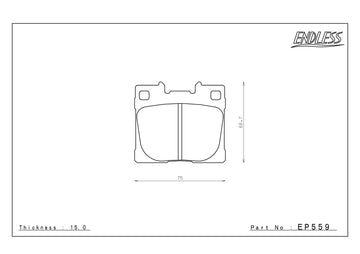 Technical diagram of Endless EP559 brake pads, denoting 75 millimeter length, 66.7 millimeter height and 15.0 millimeter thickness. 