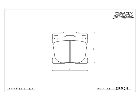Technical diagram of Endless EP559 brake pads, denoting 75 millimeter length, 66.7 millimeter height and 15.0 millimeter thickness. 