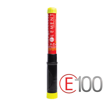 A red and yellow Element E100 compact fire extinguisher with a black body and a cap, designed for rally cars and other high-performance vehicles.