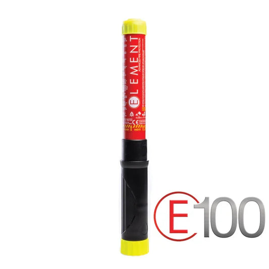 A red and yellow Element E100 compact fire extinguisher with a black body and a cap, designed for rally cars and other high-performance vehicles.