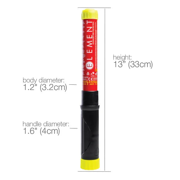Element E100 extinguisher measurements; Height: 13 inches; Body Diameter: 1.2 inches; Handle Diameter: 1.6 inches.