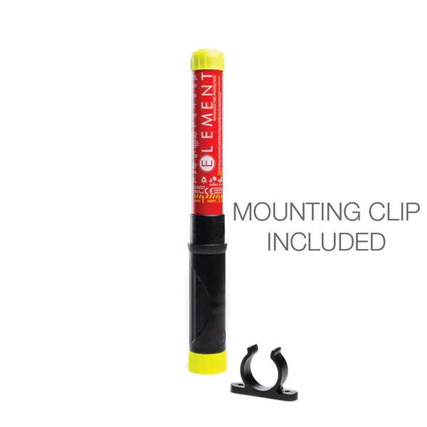 Element E100 extinguisher with included black, plastic mounting clip.