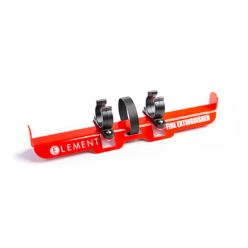 Rollbar mount for Element Fire E50 extinguishers for secure storage and easy access. Red metal with the element logo and black plastic mounting points. 