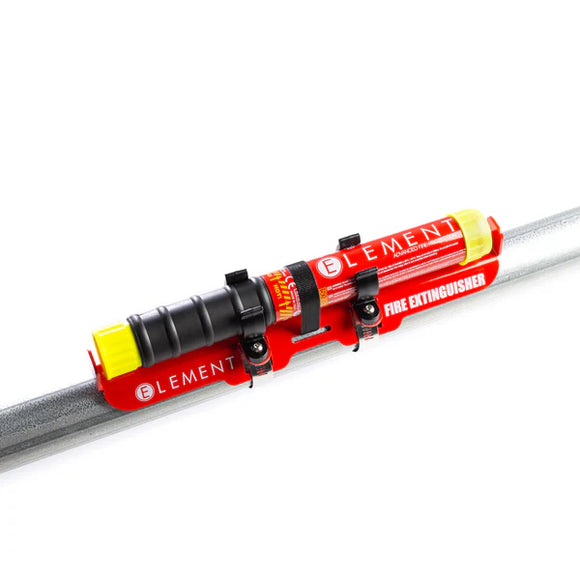 Stock photo of the Element E50 extinguisher secured by the red rollbar mount installed on a bar. 