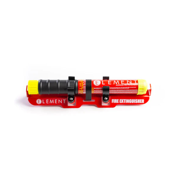 Stock photo of an Element rollbar mount with an E50 extinguisher securely mounted. 