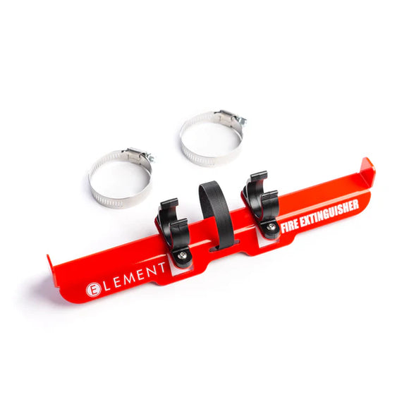 Stock photo of the red Element rollbar mount with 2 hardware zebra clamps.