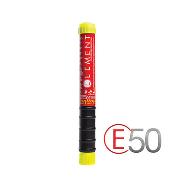 A red and yellow Element E50 compact fire extinguisher with a black body and a cap, designed for rally cars and other high-performance vehicles.