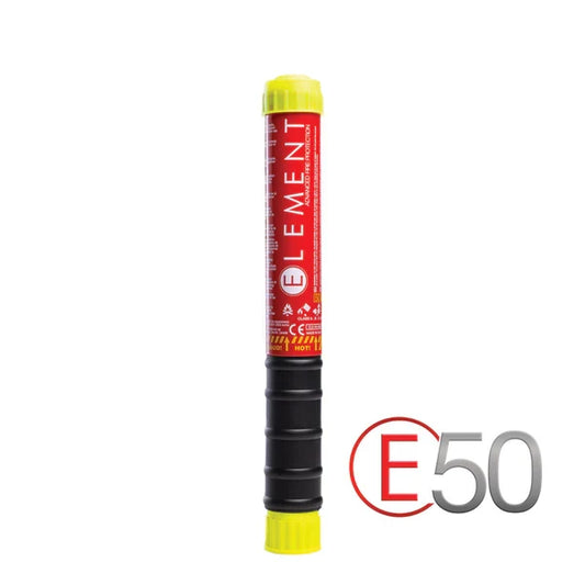 A red and yellow Element E50 compact fire extinguisher with a black body and a cap, designed for rally cars and other high-performance vehicles.