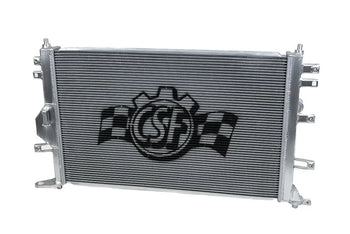 Stock photo of a CSF high-performance Radiator for Toyota GR Corollas, featuring light-weight aluminum grill construction and mounting points. 