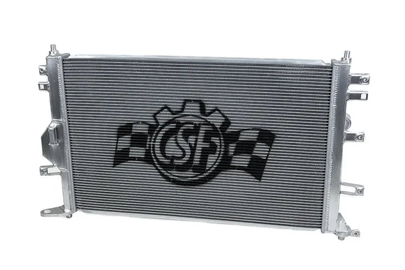 Stock photo of a CSF high-performance Radiator for Toyota GR Corollas, featuring light-weight aluminum grill construction and mounting points. 