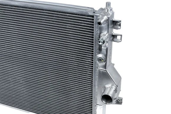 Close-up stock photo of the mounting points on the CSF high-performance radiator.