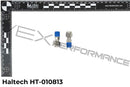Haltech 1/4 inch Stainless Compression Fitting Kit, 1/8 NPT thread with blue caps, measured against a ruler for approximately 1.5 inch overall length and 1/2 inch diameter.