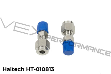 Close up shot of a Haltech 1/4 inch Stainless Compression Fitting Kit, 1/8 NPT thread with blue caps.