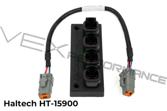 Vertical shot of Haltech black CAN Hub 4 Port DTM with connection cable.