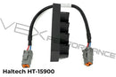Side shot of Haltech black CAN Hub 4 Port DTM with connection cable.