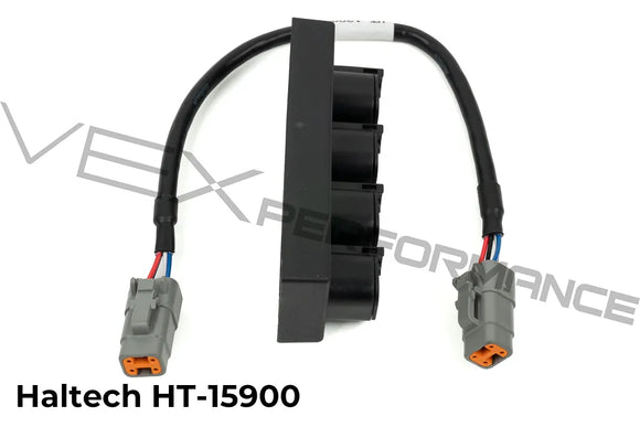 Side shot of Haltech black CAN Hub 4 Port DTM with connection cable.