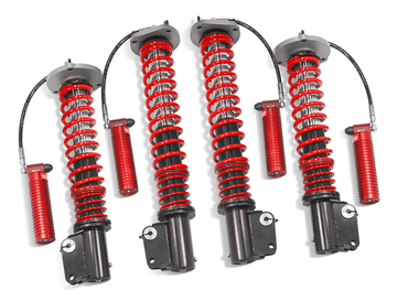 Samsonas stainless steel rally coilovers for N12 Subaru WRX STis builds with red springs and external reservoirs.