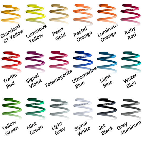 Diagram of the 18 different color options for ST Suspensions coilovers, spanning all colors of the rainbow, black, white and two shades of grey. 