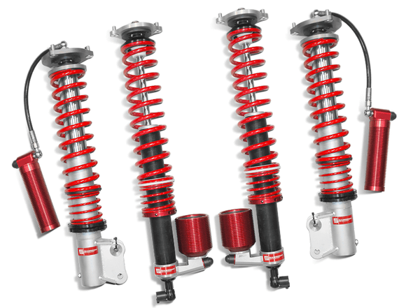 Samsonas stainless steel rally coilovers for Mitsubishi EVO X with red springs and external reservoirs.