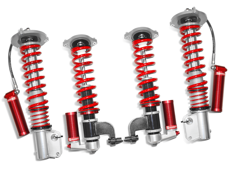 Samsonas stainless steel rally coilovers for all N14 Subaru Impreza-based models at R4 spec with red springs and external reservoirs.