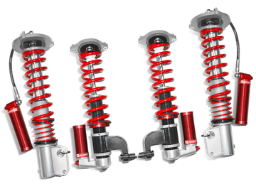 Samsonas stainless steel rally coilovers for all N14 Subaru Impreza-based models at R4 spec with red springs and external reservoirs.