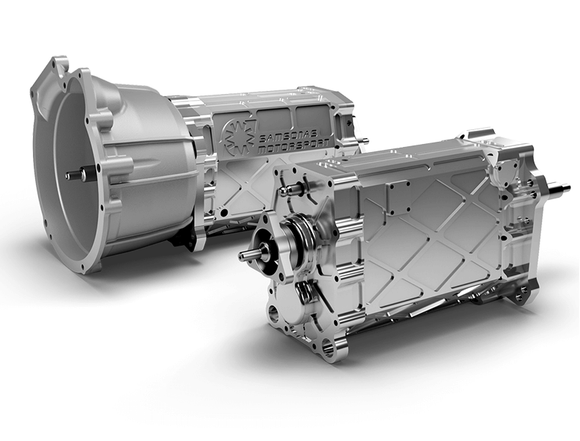 Image render of a heavy-duty Samsonas universal rear wheel drive h-pattern transmission for all racing applications. 