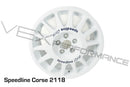 White Speedline Corse heavy-duty rally 7"x15" wheels for 5x100mm, Subaru applications. 