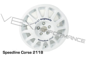 White Speedline Corse heavy-duty rally 7"x15" wheels for 5x100mm, Subaru applications. 
