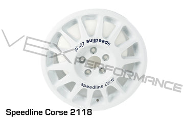 White Speedline Corse heavy-duty rally 7"x15" wheels for 5x100mm, Subaru applications. 