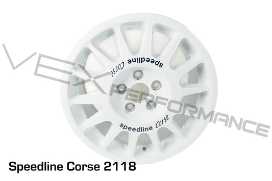 White Speedline Corse heavy-duty rally 7"x15" wheels for 5x100mm, Subaru applications. 