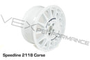 An angled shot of white Speedline Corse heavy-duty rally 7"x15" wheels for 5x100mm, Subaru applications. 