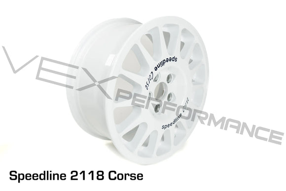 An angled shot of white Speedline Corse heavy-duty rally 7"x15" wheels for 5x100mm, Subaru applications. 