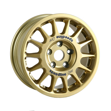 Gold Speedline Corse 2118 wheel for rally applications. 